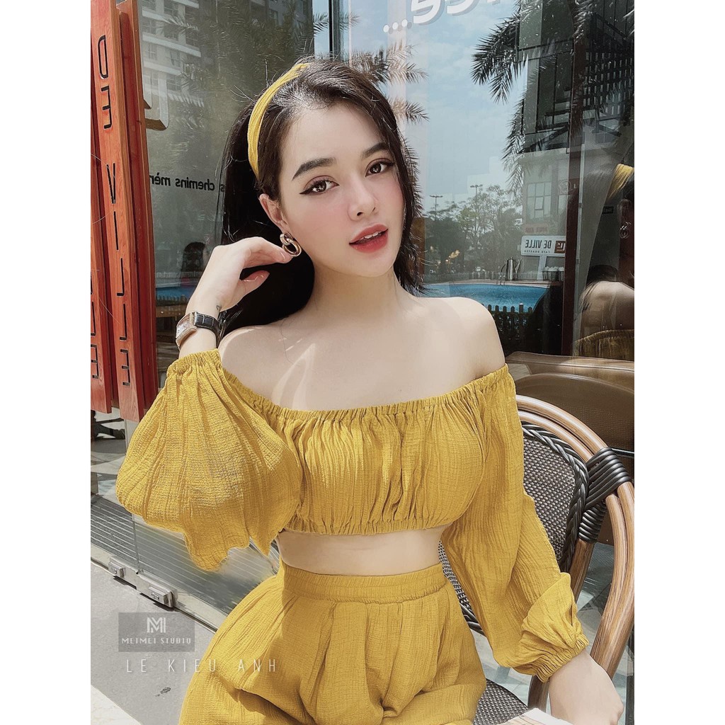 Set Croptop Trễ Vai Quần Suông Thụng Đi Biển Siêu Hot