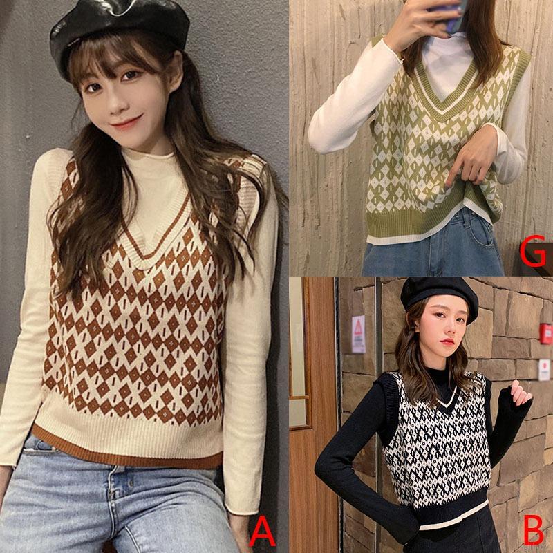 Áo len nữ sát nách cổ chữ V phong cách Hàn Quốc retro