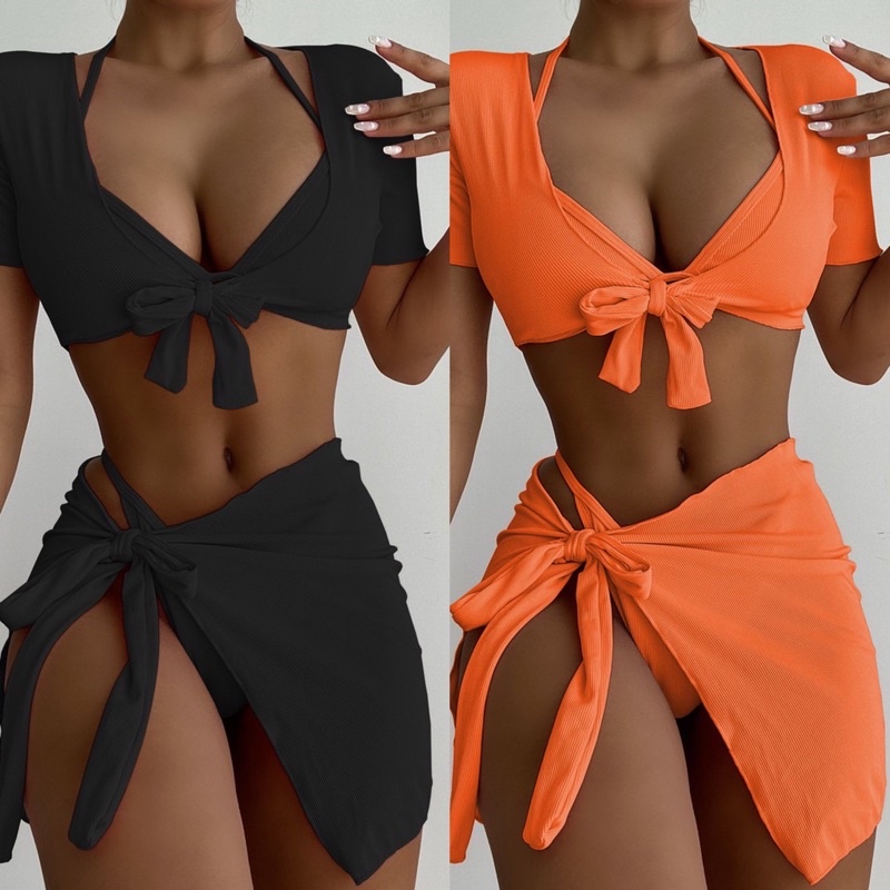 [BKN1342] &lt;ÂU&gt; SET BIKINI 4 MÓN VẢI GÂN CAM/ĐEN KÈM ÁO VÀ KHĂN HÔNG