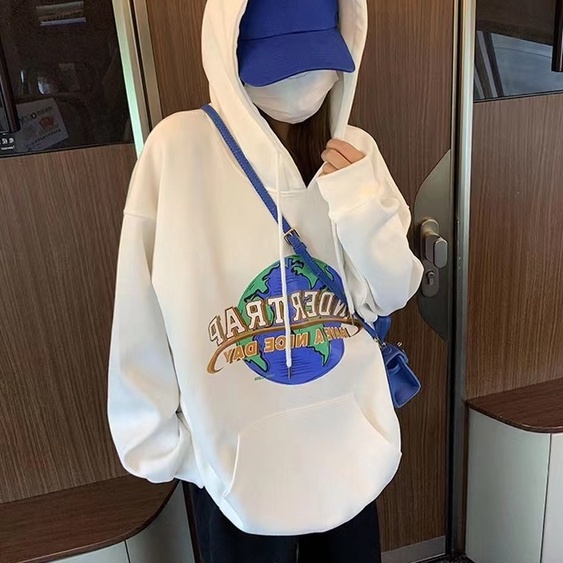 【ZHELIHANGFEI】Áo Hoodie Tay Dài Dáng Rộng In Hình Trái Đất Phong Cách Preppy Dễ Phối Đồ