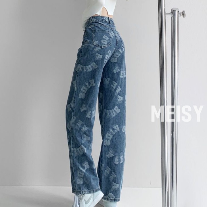 Quần Jean Nữ Ống Rộng Màu Xanh Có Chữ Cạp Lưng Cao Phong Cách Ulzzang(Meisy)