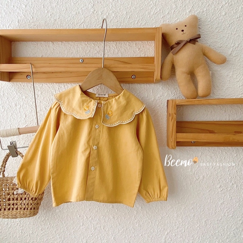 Áo sơ mi dài tay Beemo cổ sen sóng thêu hoa tiểu thư cho bé gái