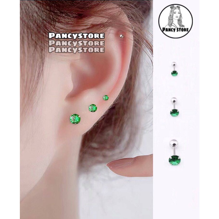 bông tai nam nữ khuyên tai đính kim tròn xanh lá Unisex