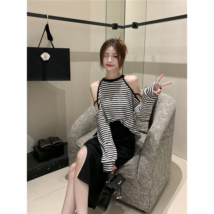 Jiashucheng Áo Thun Dài Tay Họa Tiết Sọc Ngang Thời Trang Dành Cho Nữ