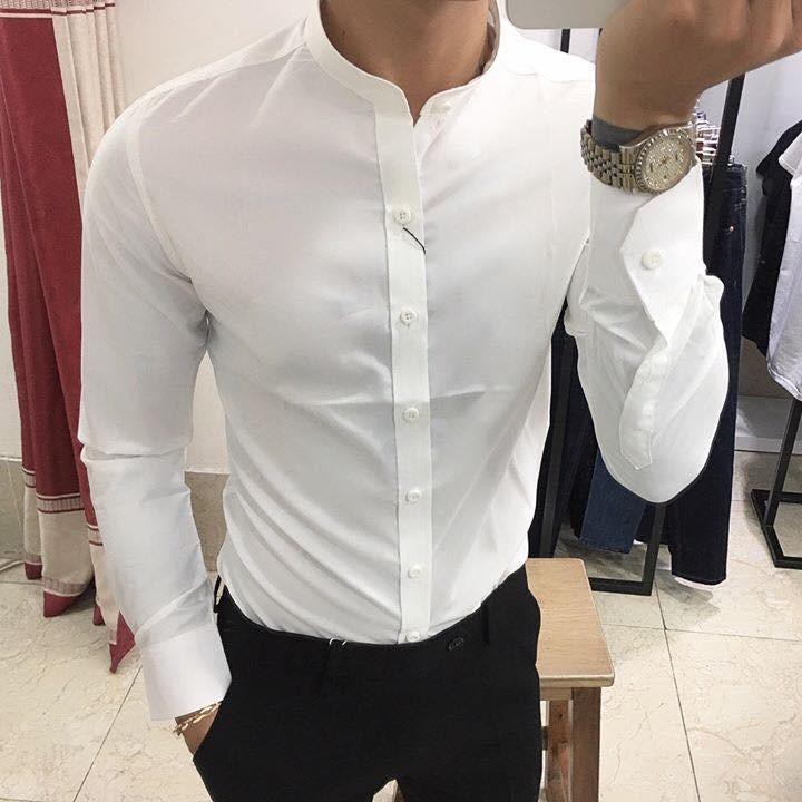 Áo sơ mi nam cổ tàu Vettino dáng ôm Hàn Quốc, sơ mi nam cổ trụ vải lụa nến chống nhăn | BigBuy360 - bigbuy360.vn