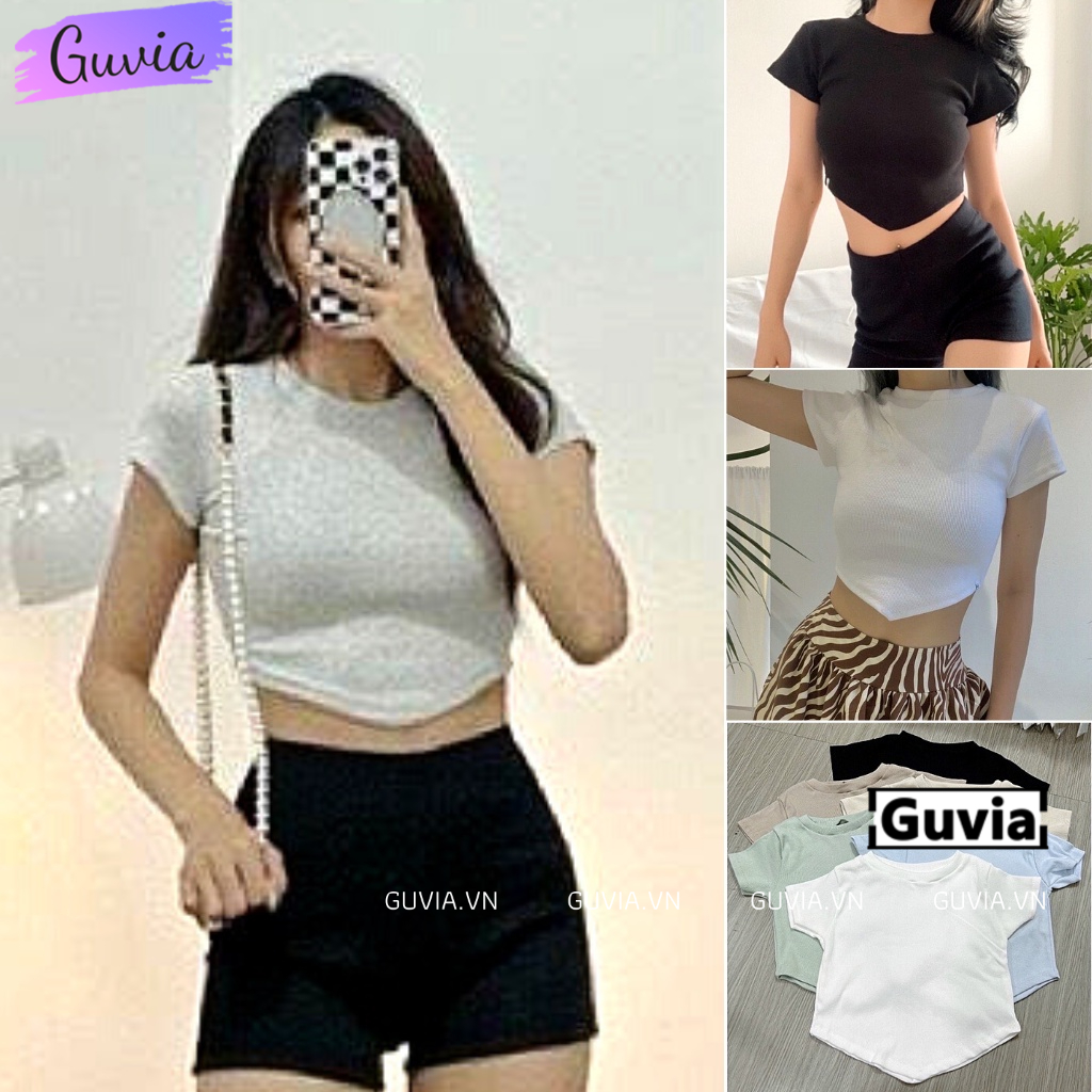 Áo Croptop TAY NGẮN VẠT NHỌN Nữ, Áo Thun Trơn Cổ Tròn Tay Ngắn Đẹp GUVIA  Mẫu Mới Về GUVIA CR41