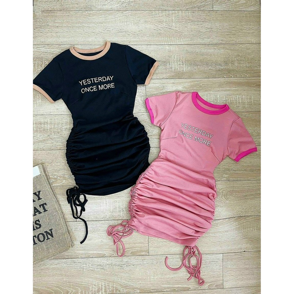 Đầm body nữ  tay ngắn cổ tròn viền màu kiểu in chữ yesterday xinh chất đẹp