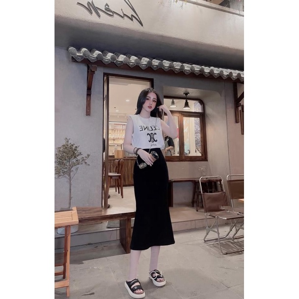 Set Áo Kèm Chân Váy In Chữ Ce line Kèm Hình Thật