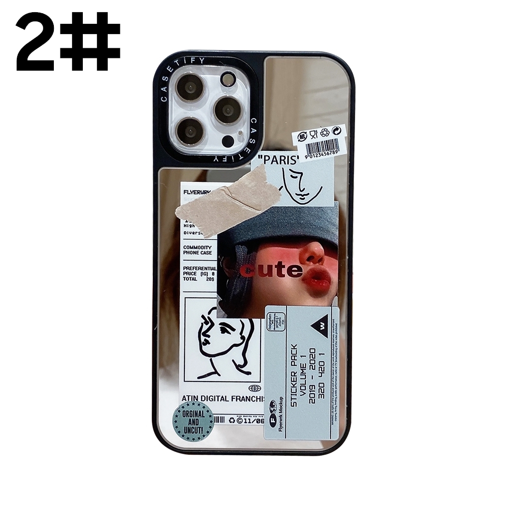 Apple iPhone 7 8 Plus 7+ 8+ X XS XR 11 11Pro 12 Mini 12Mini Pro Max XSMax SE 2020 insta Style Casetify Tide Brand Retro Cute Plating Makeup Mirror Art Hand Painted Receipt Label Ticket Lens Protection Flexible Soft Silicone TPU Case Cover Anti-Drop Casing