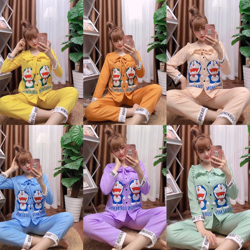 SET ĐỒ NGỦ PIJAMA TAY DÀI CHẤT LIỆU KATE LỤA SIÊU XINH HỌA TIẾT DORAEMON FREESIZE DƯỚI 57KG