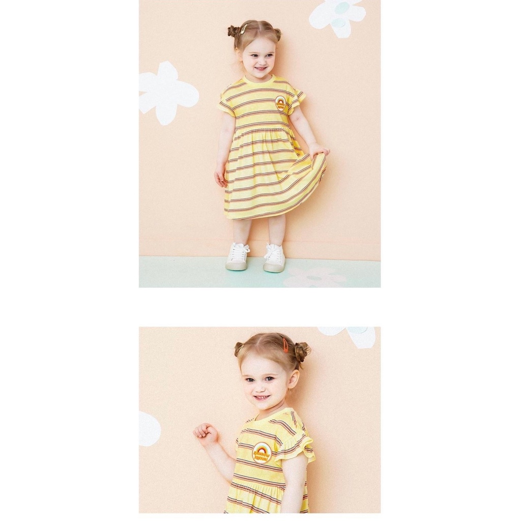 Váy cotton Hej Mini xuất Hàn tay cánh tiên kẻ ngang vàng/tím 90-130