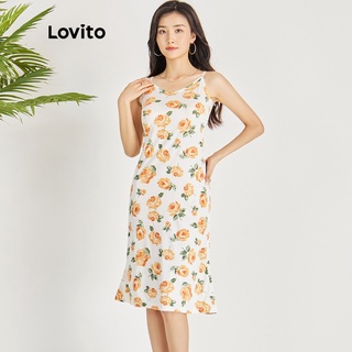 1221de-Đầm Lovito đường may nổi gân phong cách boho in họa tiết hoa toàn bộ L15X012 (vàng)