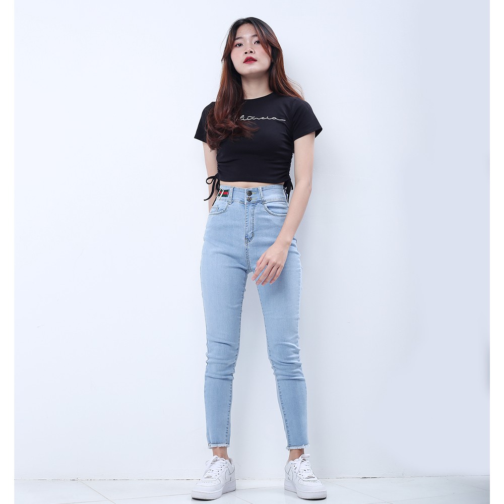 Quần jeans nữ co giãn SAIGONJEAN cạp siêu cao đắp nịt màu xanh trắng QD025 - quần bò nữ ulzzang