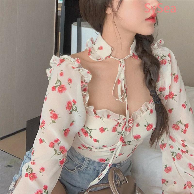 Áo Sơ Mi Croptop Tay Dài In Hoa Kiểu Hàn Quốc Xinh Xắn Cho Nữ