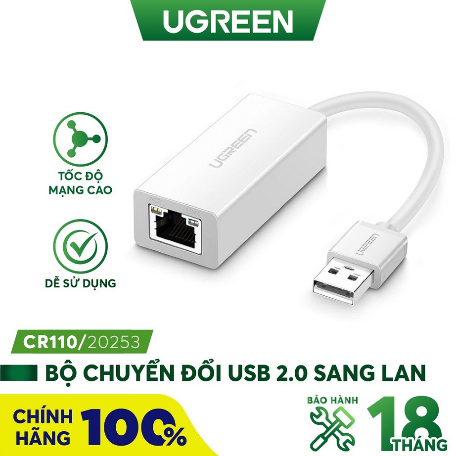 Dây chuyển USB 2.0 sang Lan RJ45 10/100mbps, chip AXIS88772 UGREEN 20253 CR110 - Hàng Chính Hãng