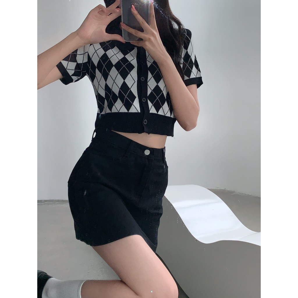 [CÓ SẴN] Áo Croptop Tay Ngắn Cổ Polo Kẻ Ô Hàn Quốc AL17