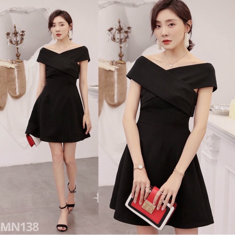 Đầm xòe trễ vai, Váy đen chất liệu Tuyết mưa cá tính phù hợp dự tiệc đi chơi dạo phố sang đẹp MN138 - Đầm Váy Mina - Hàn