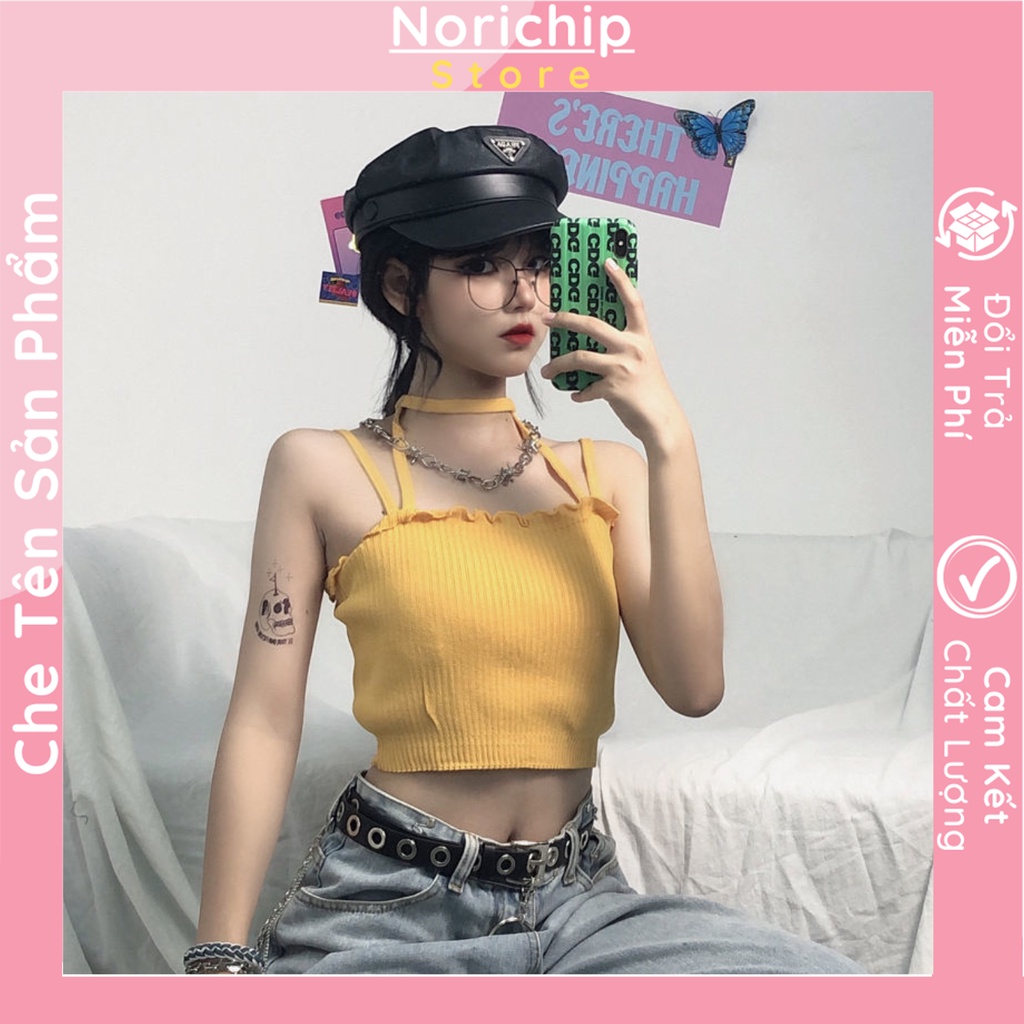 Áo croprop len tăm viền áo bèo nhún hai dây chéo tạo hình vòng cổ cá tính form áo ôm sát body gợi cảm NORICHIP.