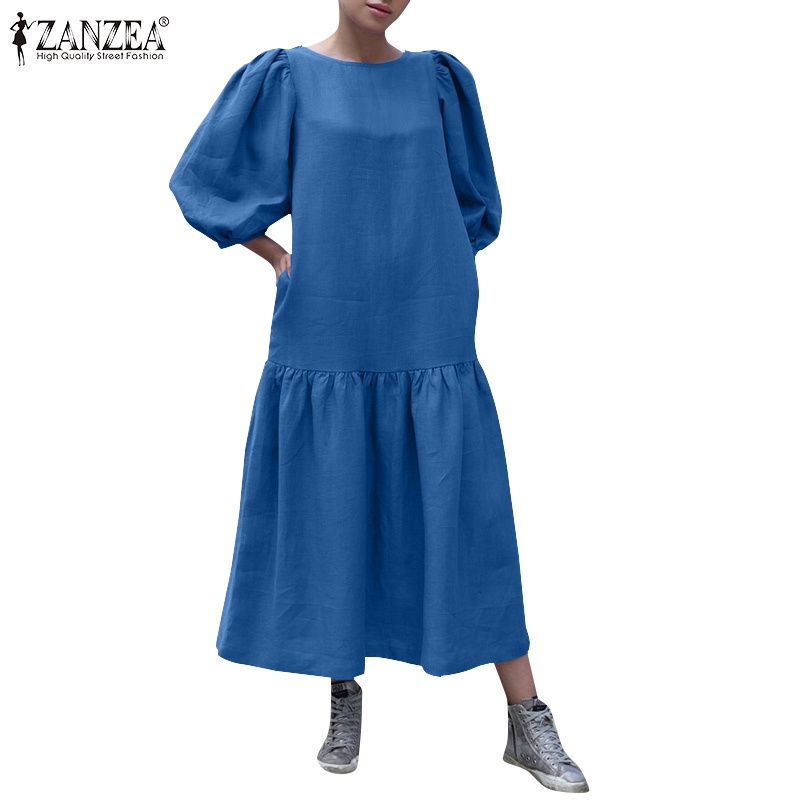 Đầm maxi ZANZEA cổ tròn tay 3/4 dáng rộng màu trơn phong cách hoài cổ thời trang cho nữ