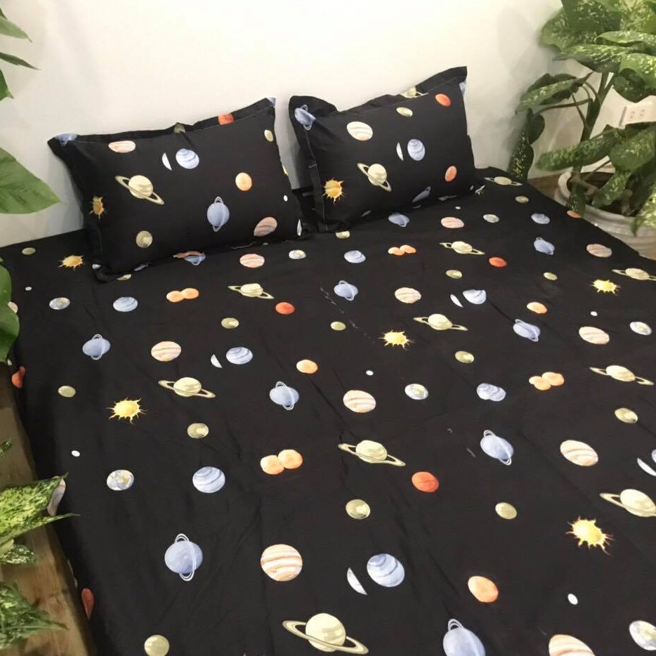 Sét Chăn Ga Gối 5 Món Cotton Poly Emmidecor Mẫu Hành Tinh Đen