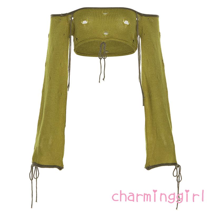 Áo Croptop Trễ Vai Tay Dài Thiết Kế Rách Cá Tính