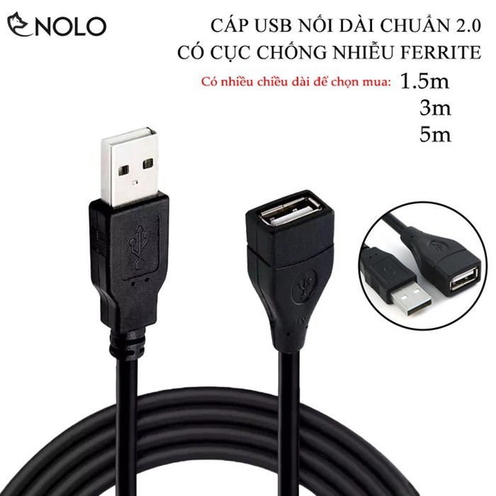 Cáp USB Nối Dài Chuẩn 2.0 Nhiều Cỡ 1.5m 3m 5m Tích Hợp Cục Chống Nhiễu Ferrite Bead Chất Liệu Vỏ Ngoài PVC