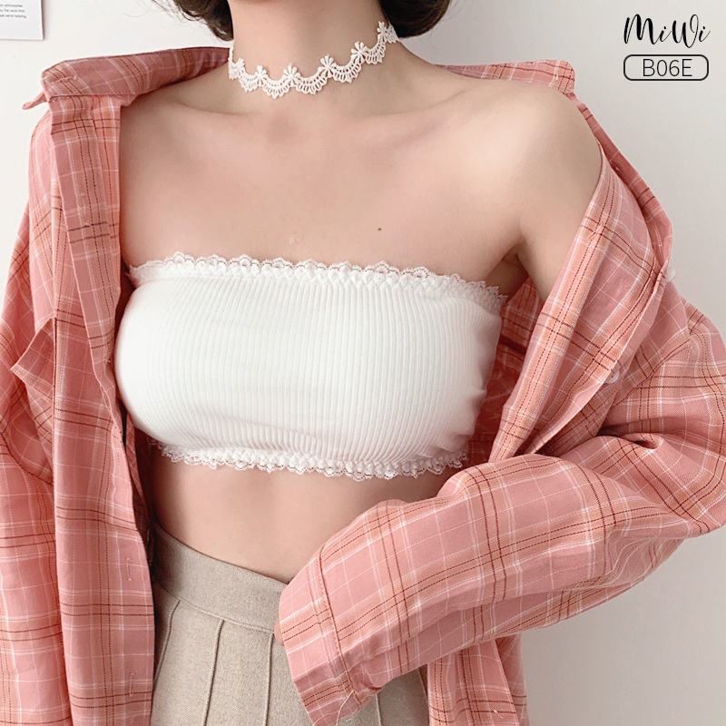 Áo ngực không dây có mút DARLIN bra quây ngang thun gân ren hoa trắng