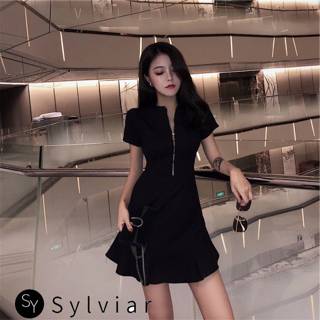 Đầm đuôi cá tay ngắn dáng chữ A màu trơn phối khóa kéo thời trang cho nữ