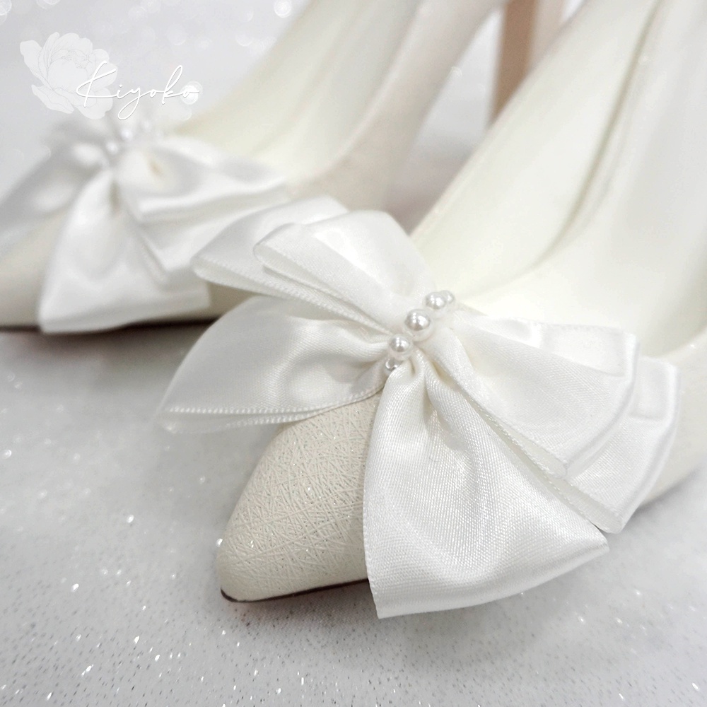 Giày cưới Kiyoko gót vuông đính nơ satin 3 tầng cao 10cm