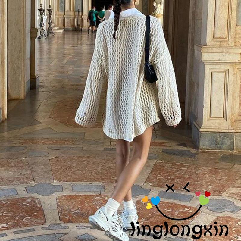 Áo Dệt Kim Dáng Rộng Tay Dài Cổ Tròn Thời Trang Mùa Hè Cho Nữ Y2K Grunge Size S M L