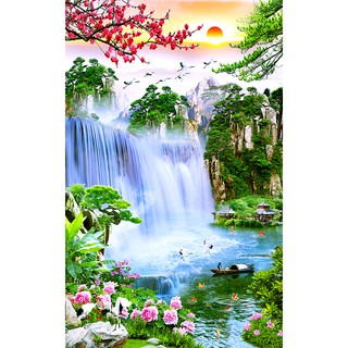 Tranh dán tường khổ dọc VTC phong thủy sơn thủy hữu tình UD0384 kim sa