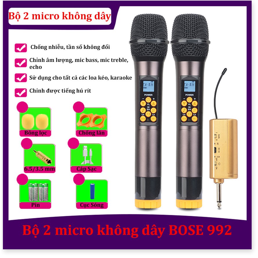 [Xả Kho] Combo Trọn Bộ 2 Micro Không Dây UHF Bộ Micro Bose BS-992 chuyên chống hú rít trong phòng Karaoke, Mic đa năng c