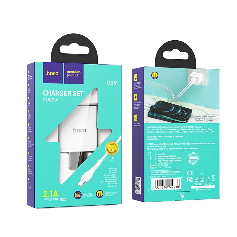 Bộ củ sạc hoco C89 2 cổng usb kèm dây sạc có các loại chân micro lightning và type-c