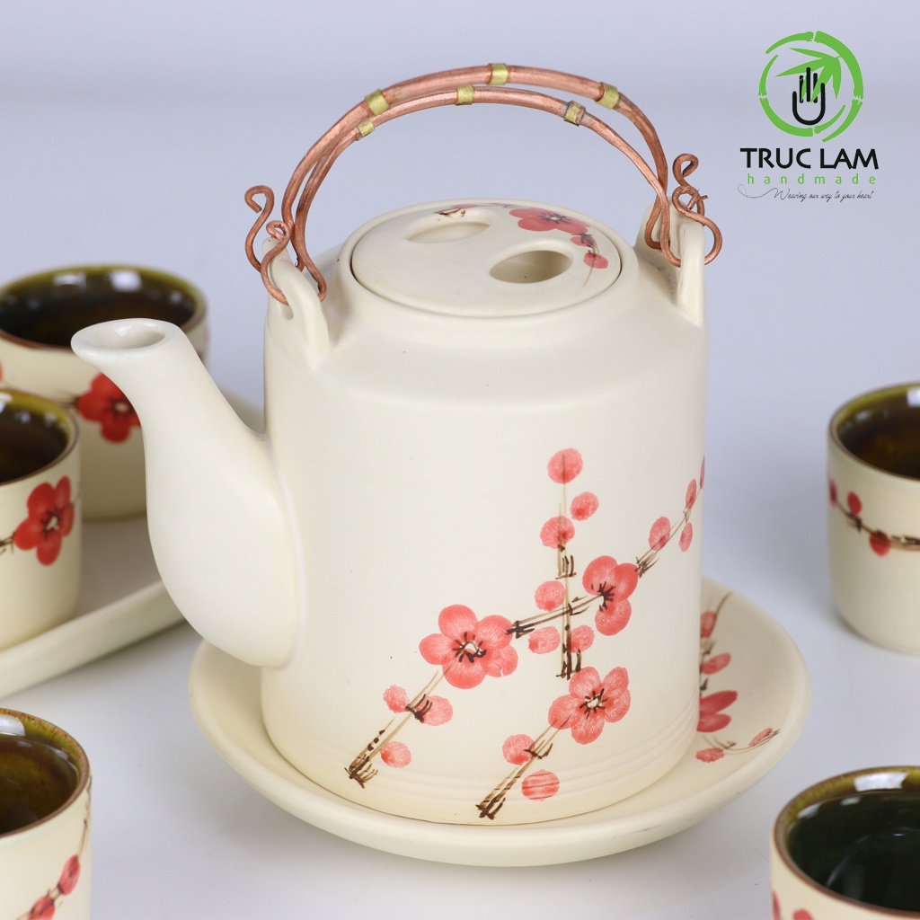 Bộ Ấm Chén Pha Trà Gốm Sứ Bát Tràng Họa Tiết Hoa Đào - Trúc Lâm Handmade