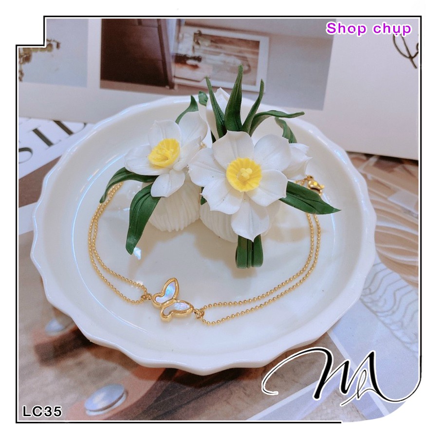 Lắc chân nữ Titan dây bi đôi mặt bướm xà cừ độc đáo - Măng’s House LC35