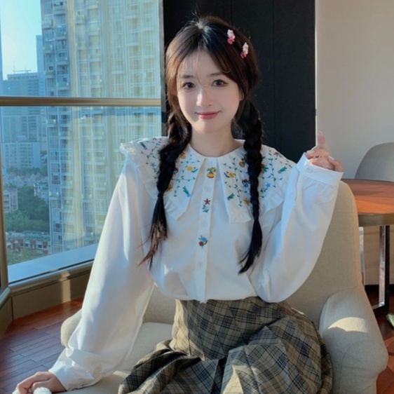 ZHELIHANGFEI Áo Sơ Mi Tay Dài Dáng Rộng Cổ Búp Bê Thêu Họa Tiết Xinh Xắn Phong Cách Nhật Bản