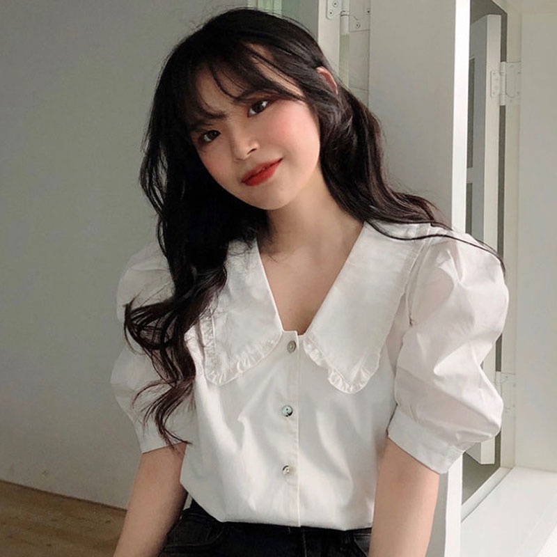 Áo sơ mi XINLANYASHE chiffon tay ngắn kiểu phồng cho nữ