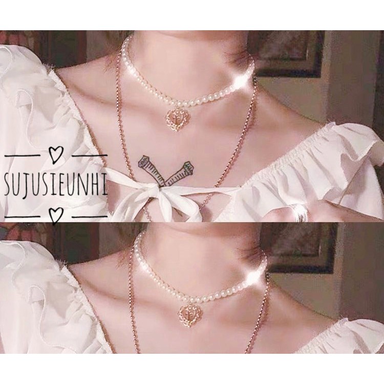 Vòng choker ngọc trắng mặt trái tim phong cách Nhật Bản