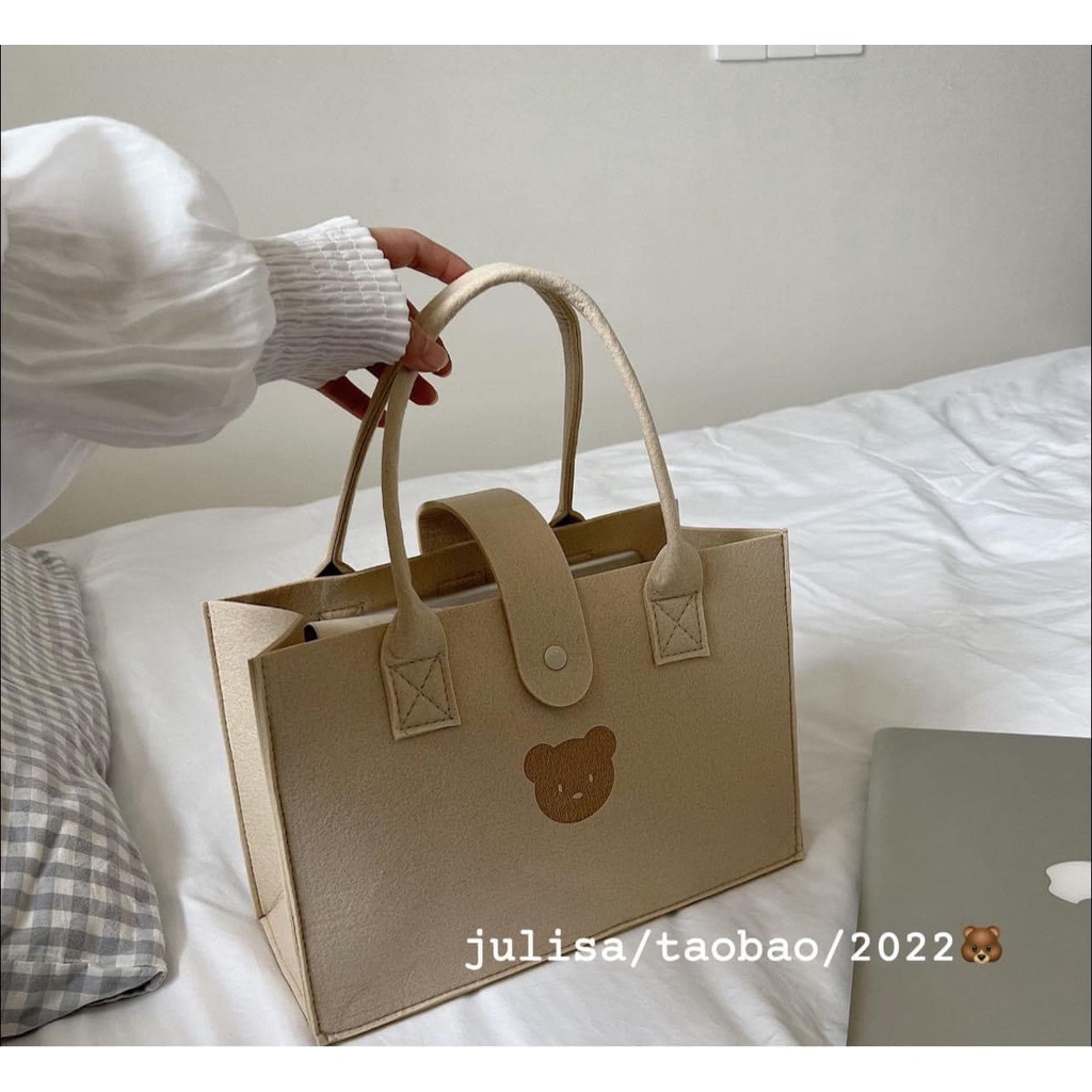 Túi xách tay nữ bản to gấu màu nâu trà sữa chất nỉ dạ hàng hot trend 2022