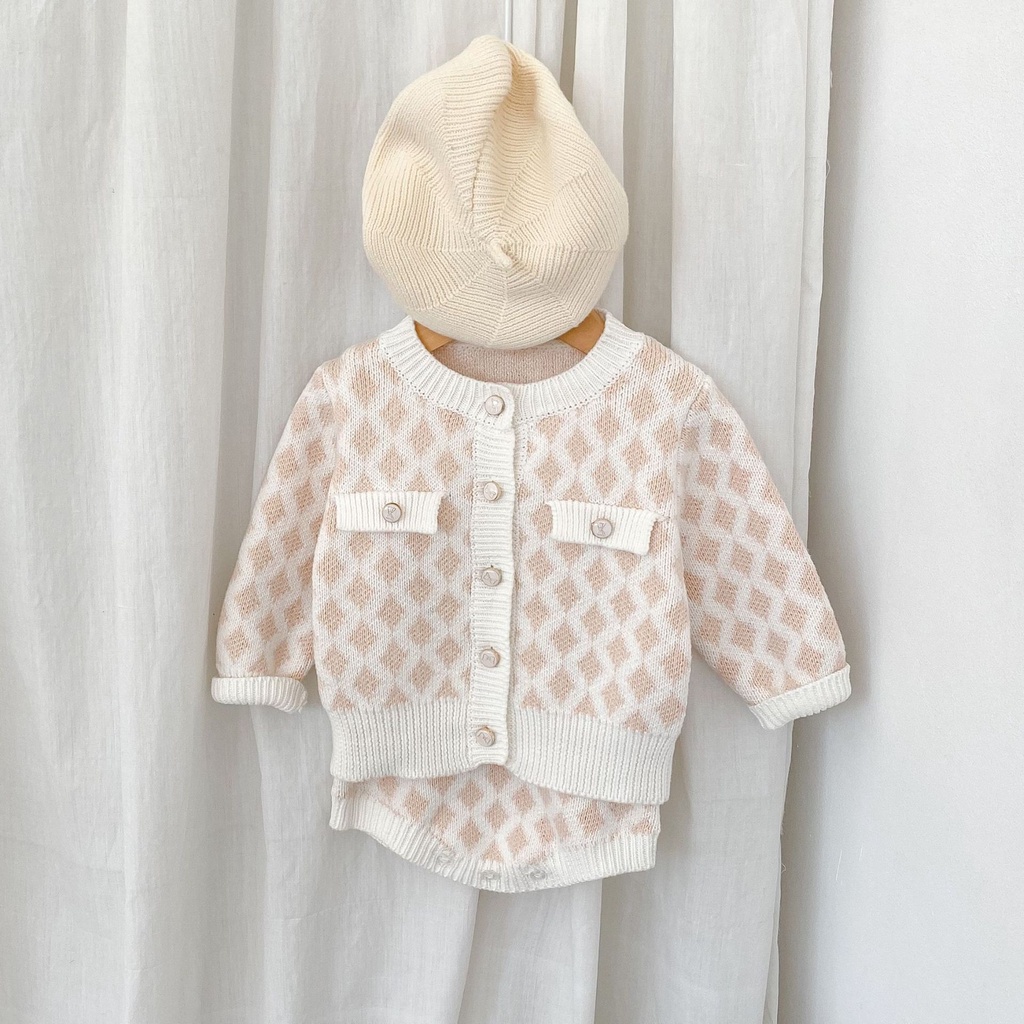 Bộ áo liền quần dệt kim bằng cotton họa tiết kẻ ô vuông + túi đeo chéo thời trang mùa thu mới cho bé gái 2021