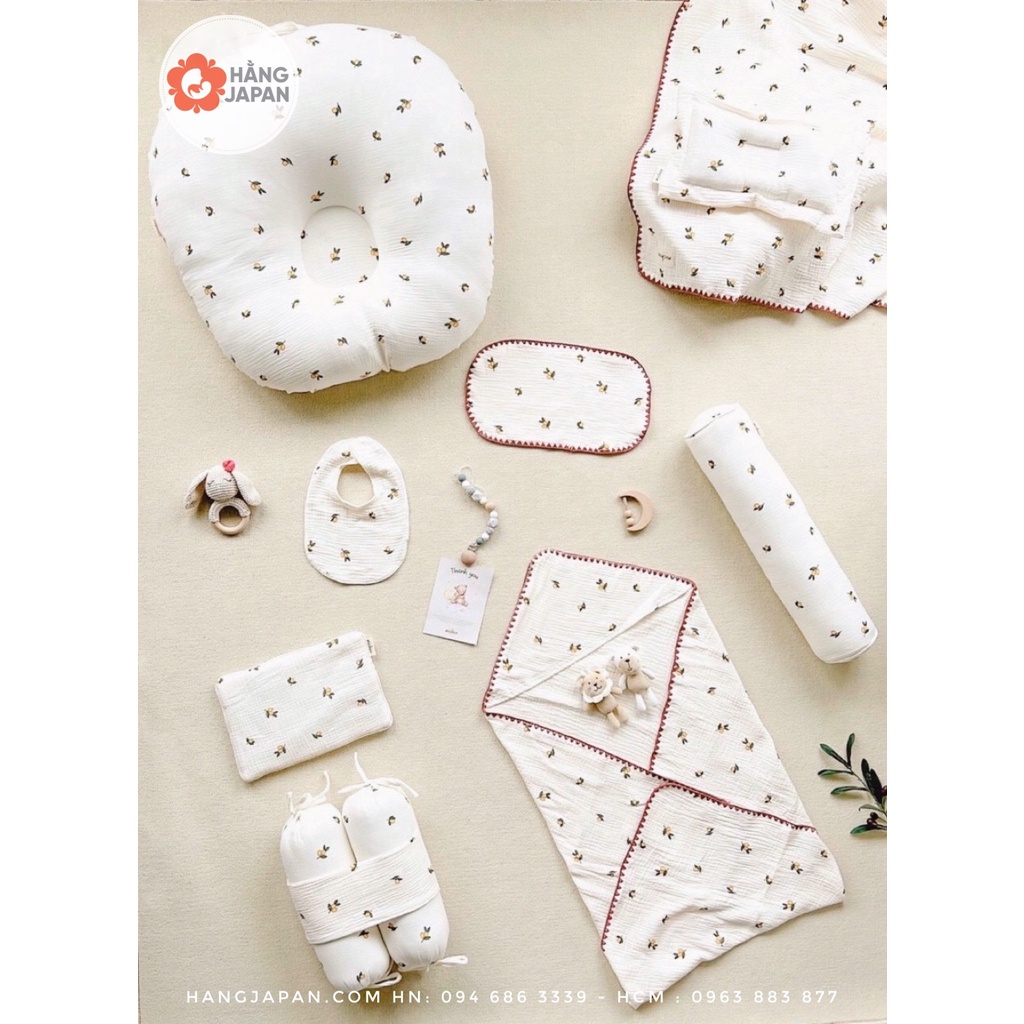 Full set 7 món vải xô Muslin chần bông họa tiết  MOCHEE cao cấp, mềm mại, mỏng nhẹ và ko bị nóng bí lưng cho bé