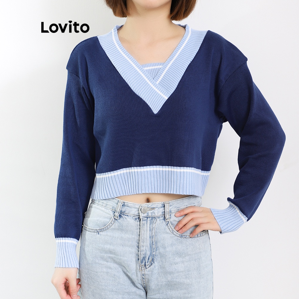  Áo sweater Lovito cổ chữ V phối màu khối dáng ôm phong cách preppy L08217 (màu xanh dương)