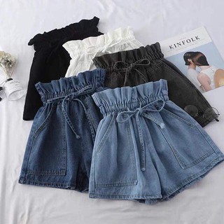 _ Quần đùi jeans cạp chun thắt nơ cách điệu sang chảnh xinh đẹp