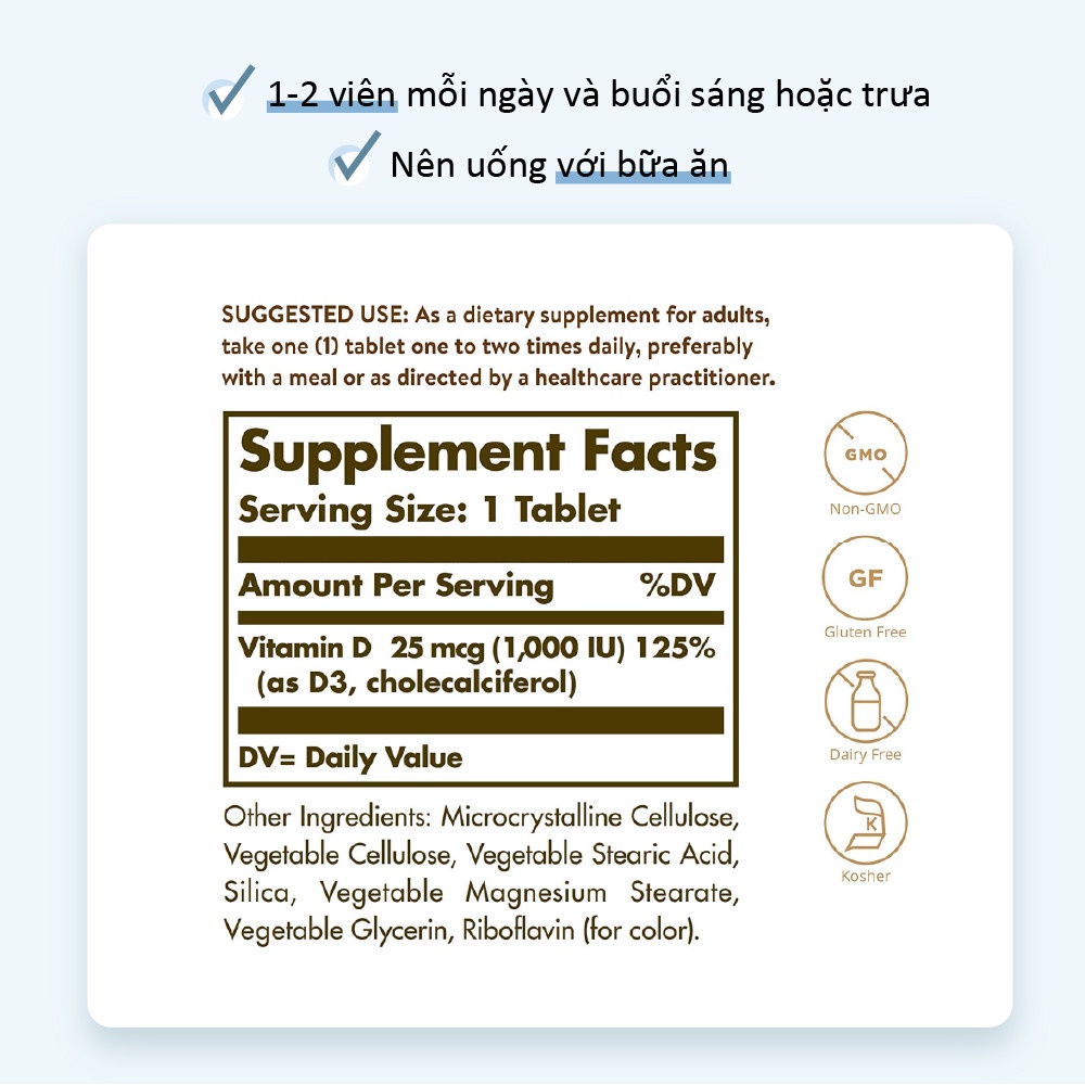 Viên Uống Solgar Vitamin D3 1000 Iu - Ngừa Loãng Xương, Hỗ Trợ Sức Khỏe Xương Khớp [Lọ 90 Viên]