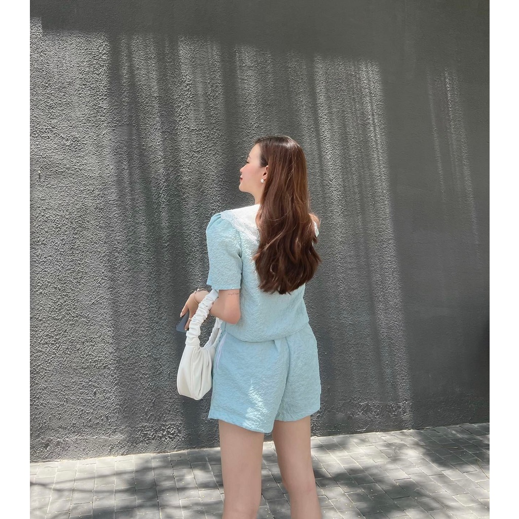 [HÀNG THIẾT KẾ CAO CẤP] Set Xốp Cổ Ren + Quần Short Thoải Mái Mặc Nhà / Đi Biển Màu Trắng / Xanh