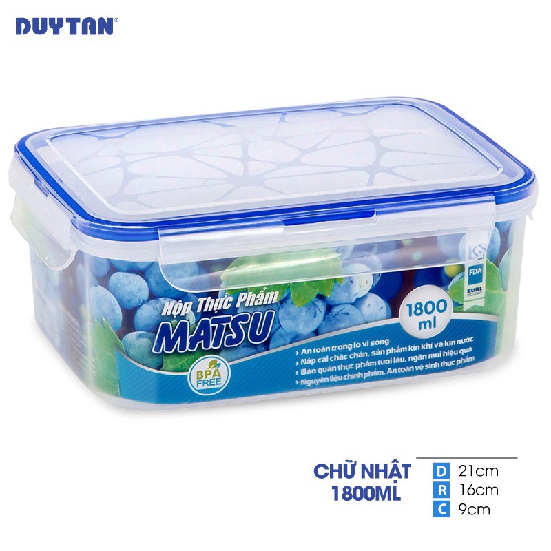 [Mã LIFE2410K giảm 10K đơn 20K] Hộp Nhựa Chữ Nhật Đựng Thực Phẩm Duy Tân Matsu dung tích 1800ml (21 x 16 x 9 cm)