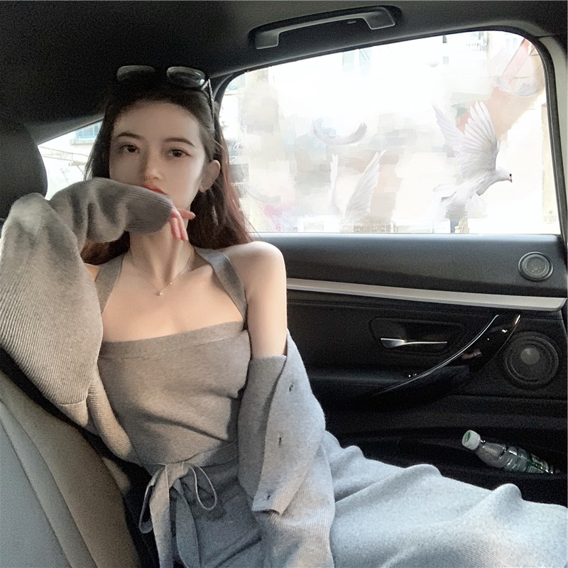 Bộ Áo Dệt Kim Tay Dài + Đầm Hai Dây Thời Trang Mùa Thu Cho Nữ