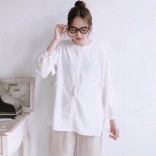 Áo sơ mi cổ tròn phối nơ/Ảnh thật