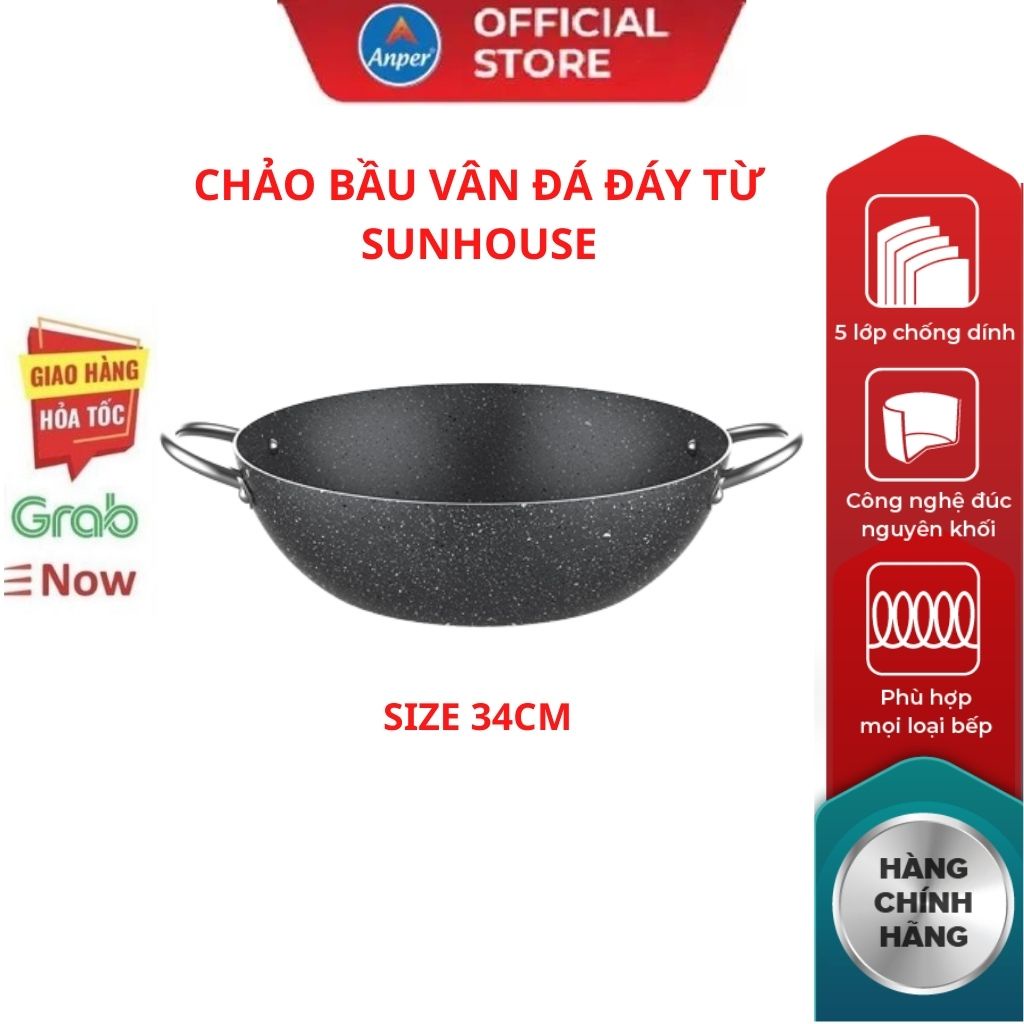 Chảo chống dính bầu sâu lòng 2 quai SUNHOUSE SWP34M-SWP36M-2022 34cm 36cm siêu dày (dùng được mọi loại bếp)