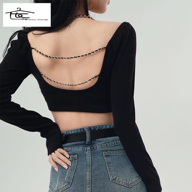 Áo thun ôm dáng thiết kế dây xích thời trang mùa xuân gợi cảm phong cách mới cho nữ